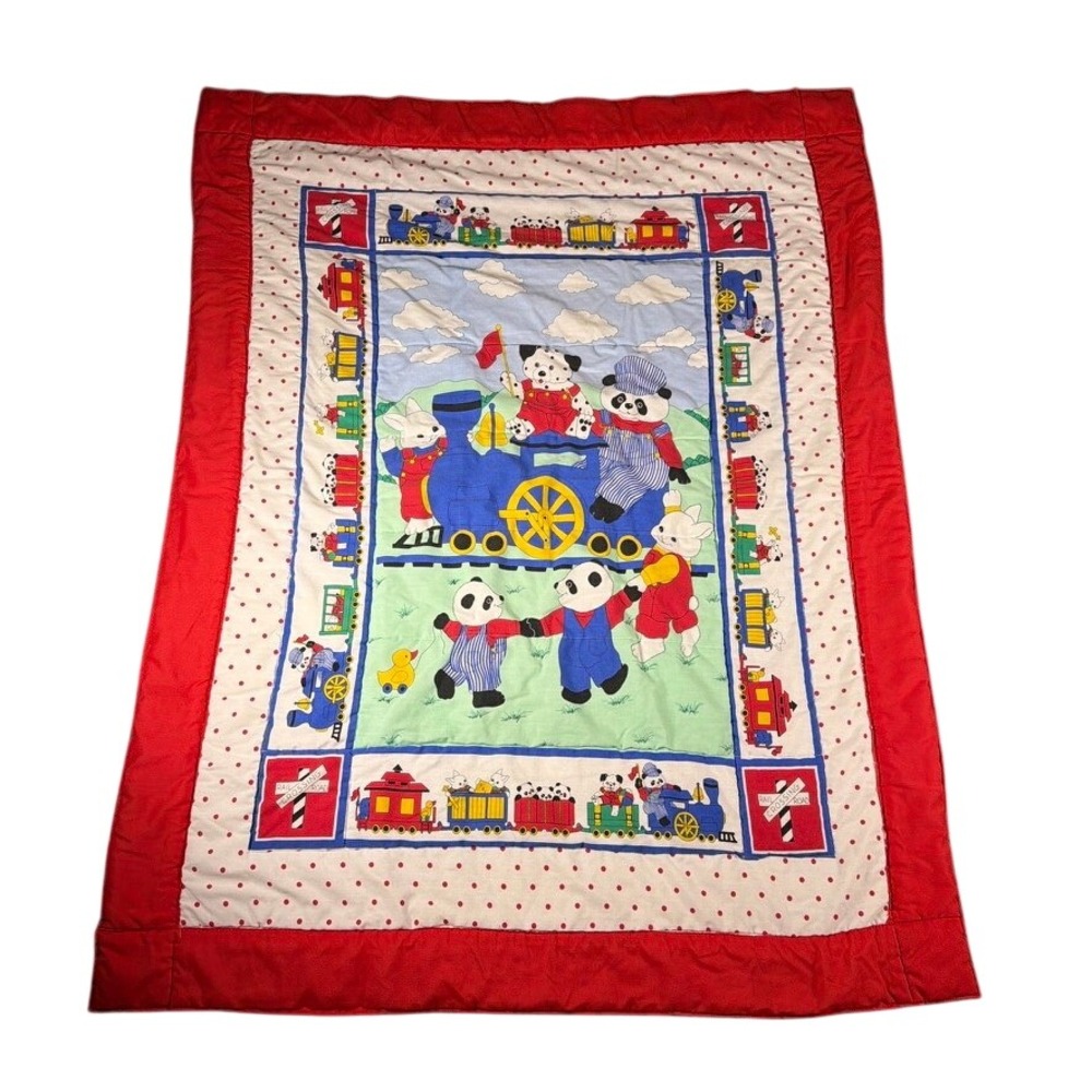 Panda Train Quilted Blanket Baby‎ 36x48 Red White Vintage Animals Retro